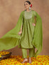 Janasya Women's Lime Green Silk Blend Zari Yoke Embroidered Gold Printed A-line Kurta Set